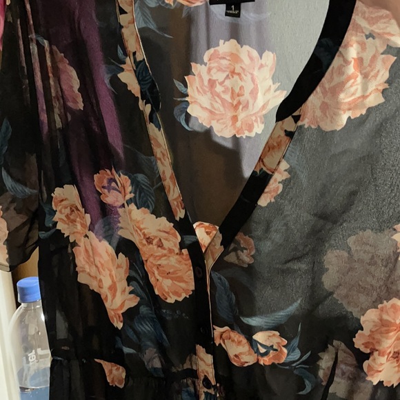 torrid Tops - Torrid size 1 black and pink/blue rose 🌹 print sheer overlay.